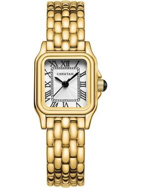 Cheetah Women Gold And White Rectangular Roman Dial Small Vintage Bracelet Watch